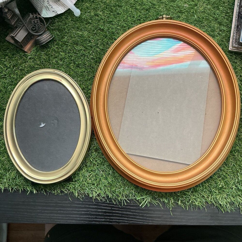 Oval Picture Frames Lot of 2 Gold Tone 12x10 & 8x6 Glass Wall Hanging Tabletop